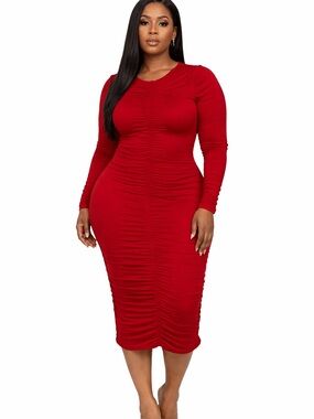 NWT Ruched Plus Size Long Sleeve Midi Dress in Red